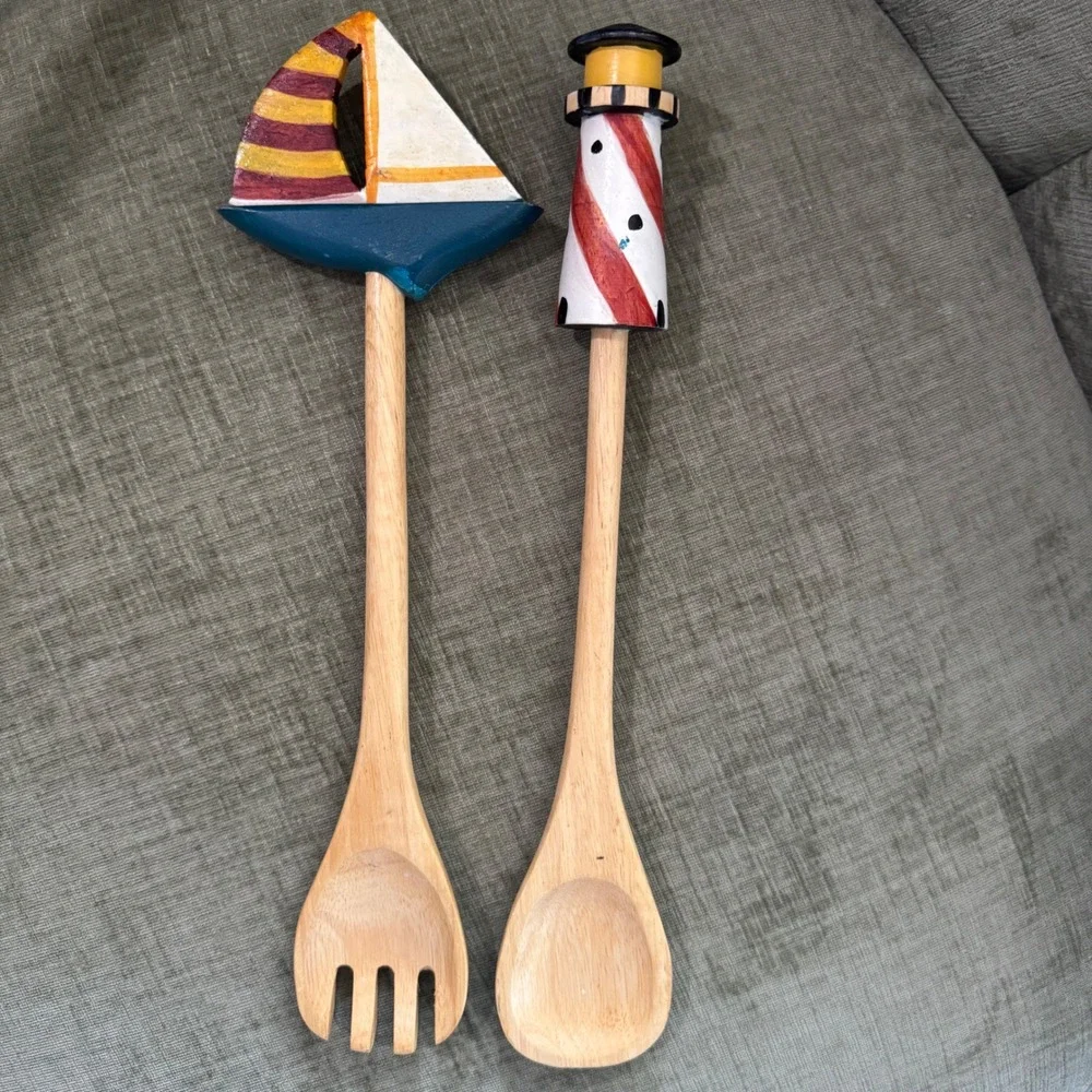 Vintage Salad Servers Wood Painted Nautical Lighthouse Sailboat Set Coastal